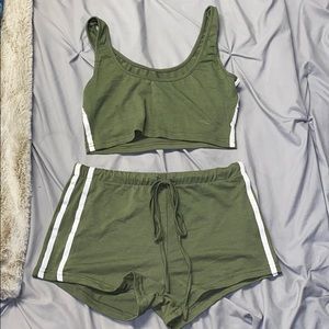 Green and white short set